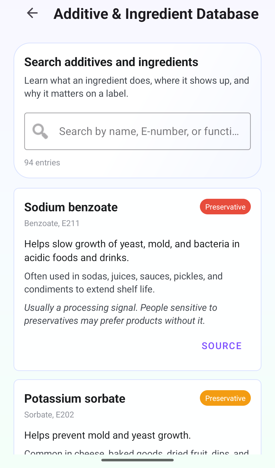 Additive and ingredient database screen.