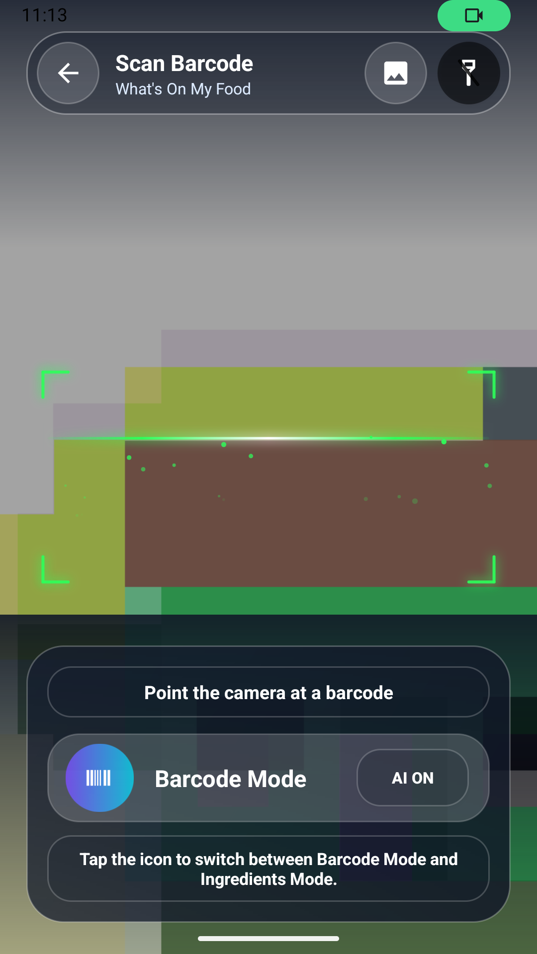 What's On My Food barcode scanner screen.