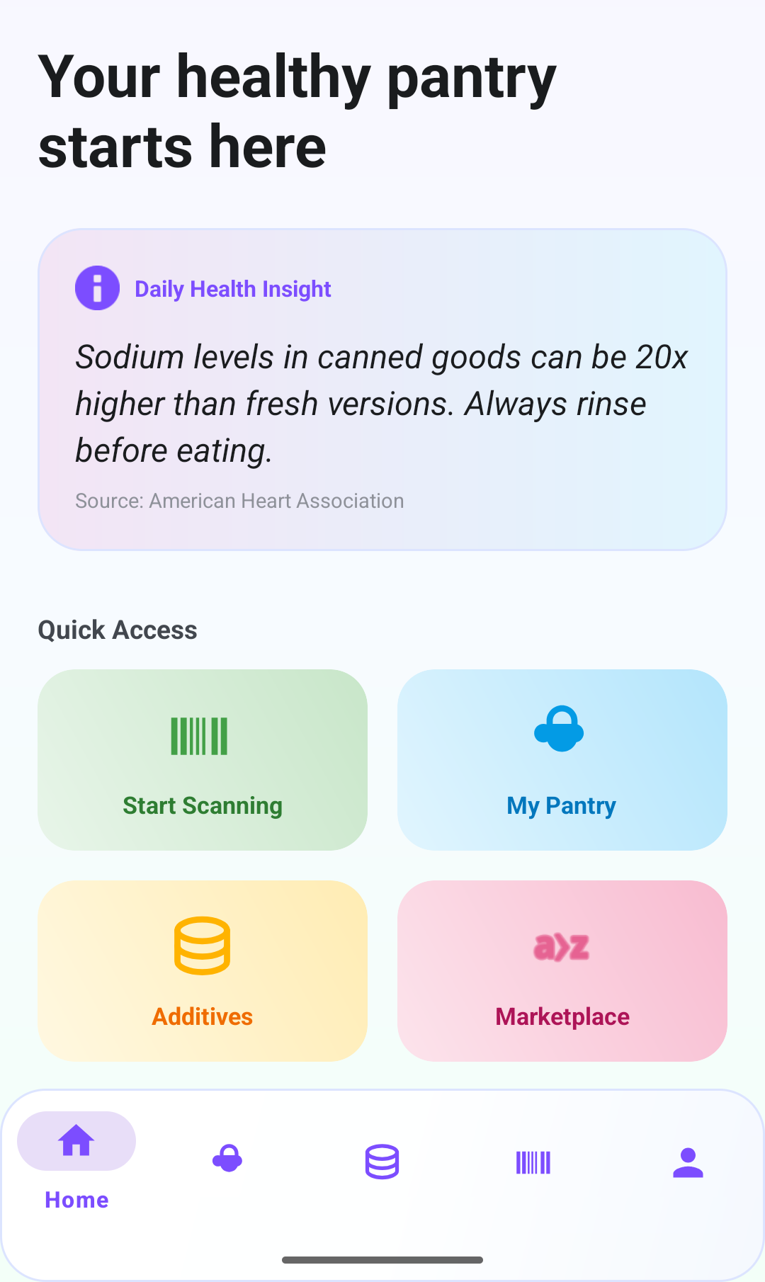 What's On My Food home screen with Daily Health Insight and Quick Access cards.
